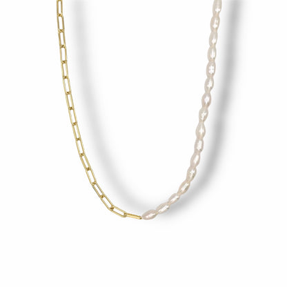 Half & Half Pearl Paperclip Necklace