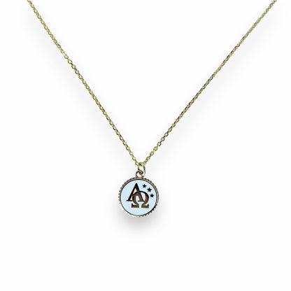 14K Yellow Gold Alpha Omega Pendant with White Enamel