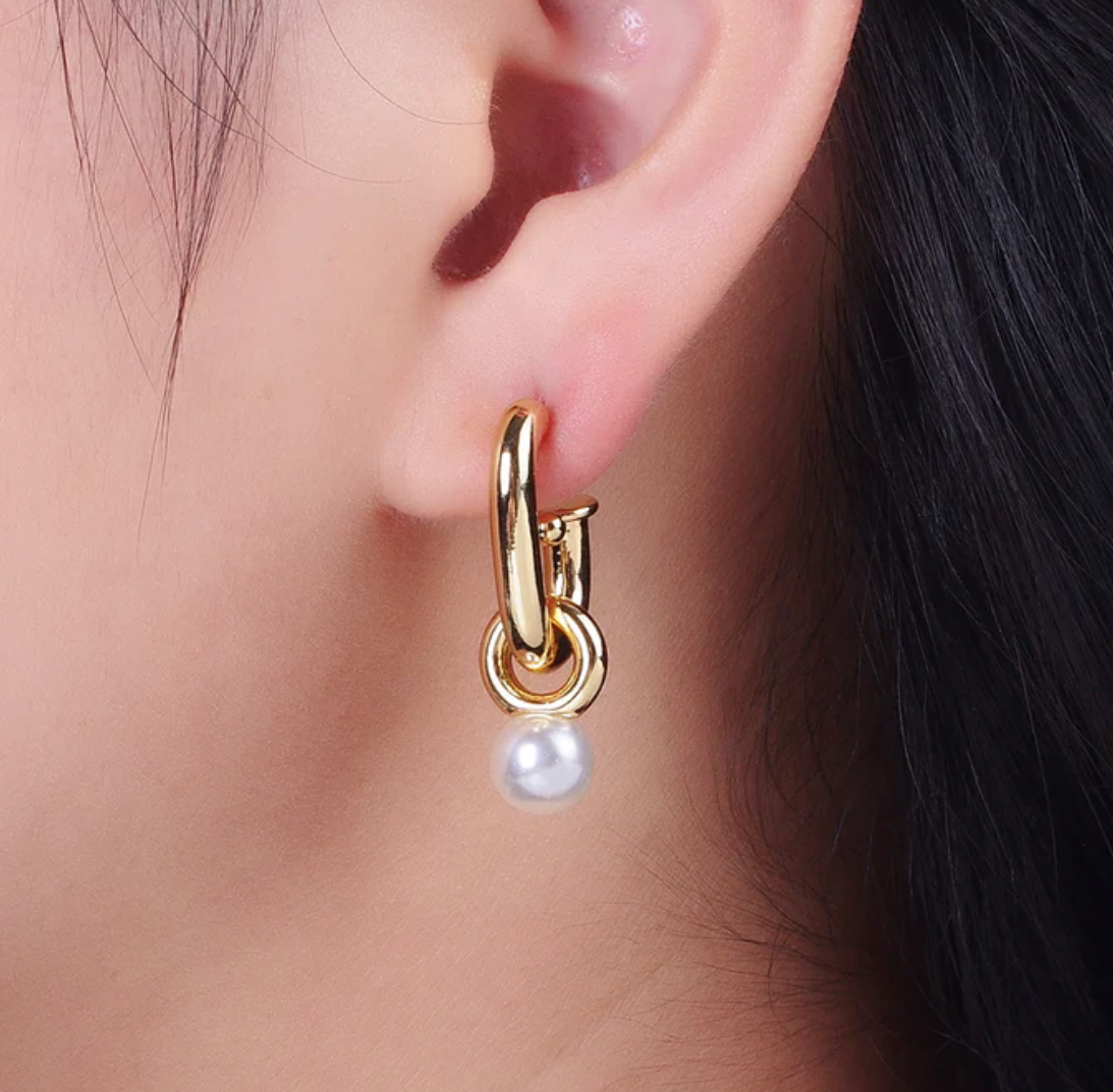 J-Shaped Round Stud with Pearl Drop Hoop Earrings