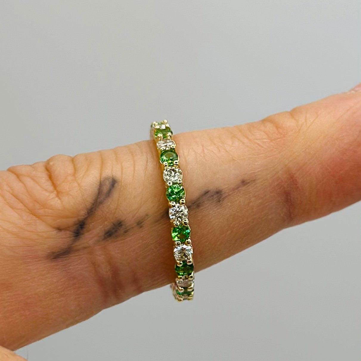 Leeim Midori Eternity Ring in 14K Yellow Gold with Tsavorites & Diamonds